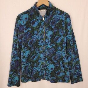 Liz Claiborne Petite Large Floral Jacket Blue Rose Full Zip Gold Hardware PL